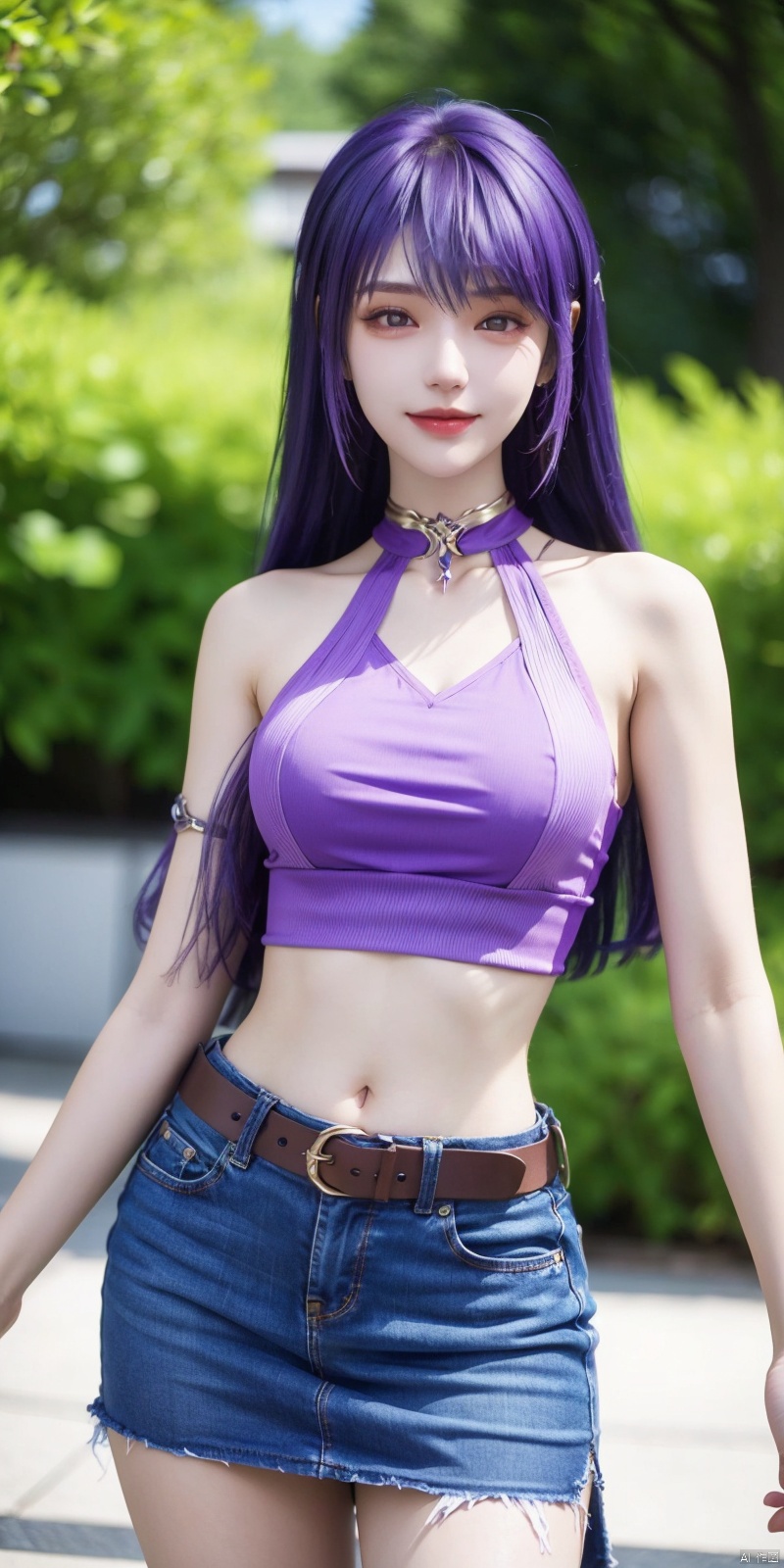  best quality, masterpiece, cowboy_shot,(Good structure), DSLR Quality,Depth of field,kind smile,looking_at_viewer,Dynamic pose,
 1girl, 3d, bare_shoulders, belt, blurry, blurry_background, blurry_foreground, branch, , , , collarbone, cosplay_photo, denim, denim_skirt, depth_of_field, , lips, long_hair, looking_at_viewer, midriff, miniskirt, motion_blur, navel, outdoors, photo_\(medium\), realistic, skirt, solo, standing, tree, ,,purple_hair, shengcaier