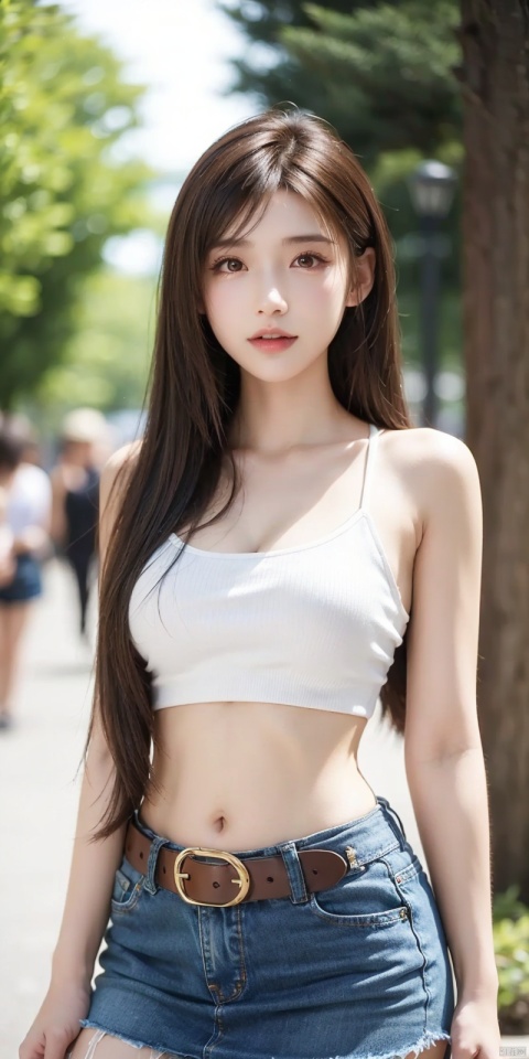  1girl, 3d, bare_shoulders, belt, blurry, blurry_background, blurry_foreground, branch, breasts, brown_eyes, brown_hair, collarbone, cosplay_photo, denim, denim_skirt, depth_of_field, hand_on_own_chest, lips, long_hair, looking_at_viewer, midriff, miniskirt, motion_blur, navel, outdoors, photo_\(medium\), realistic, skirt, solo, standing, tree, tifa