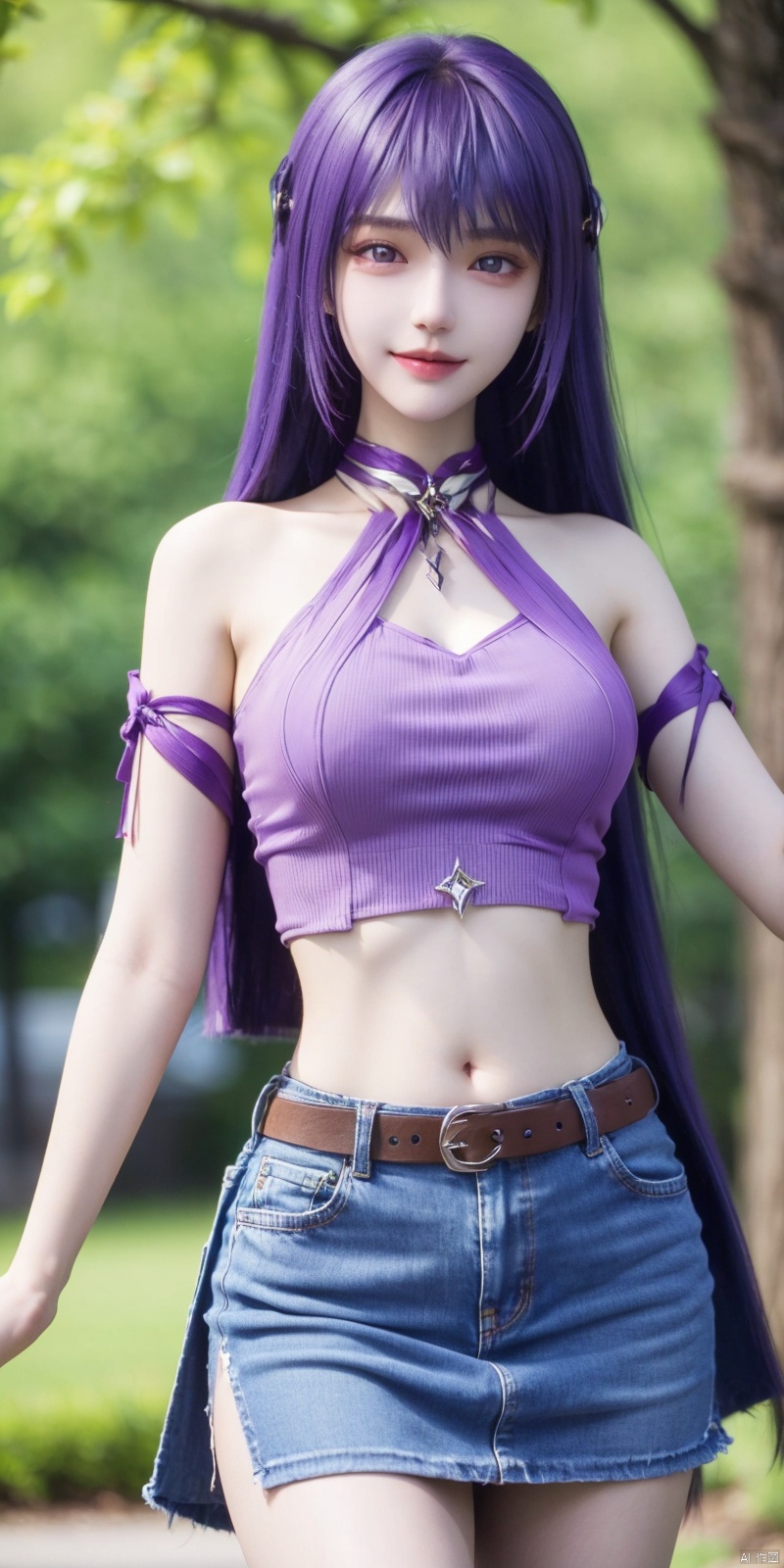  best quality, masterpiece, cowboy_shot,(Good structure), DSLR Quality,Depth of field,kind smile,looking_at_viewer,Dynamic pose,
 1girl, 3d, bare_shoulders, belt, blurry, blurry_background, blurry_foreground, branch, , , , collarbone, cosplay_photo, denim, denim_skirt, depth_of_field, , lips, long_hair, looking_at_viewer, midriff, miniskirt, motion_blur, navel, outdoors, photo_\(medium\), realistic, skirt, solo, standing, tree, ,,purple_hair, shengcaier