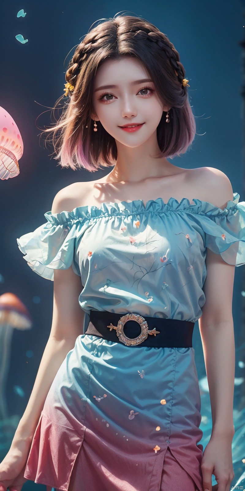  best quality, masterpiece, cowboy_shot,(Good structure), DSLR Quality,Depth of field,kind smile,looking_at_viewer,Dynamic pose, 
Colorful Girl, 1Girl,Colorful jellyfish, colorful jellyfish floating in the air,Close shot, large jellyfish on head, front, upper body, above thighs, blue **** top dress, complex fluid shaped colored short skirt at waist, off shoulder, colorful print, looking at the camera, colored gradient hair, dark gradient background, depth of field, glow, hand101, 1girl, jiangli