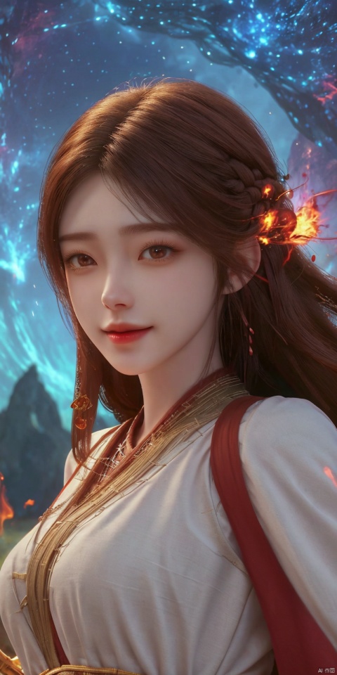  kind smile,looking_at_viewer,masterpiece, 1 girl, Look at me, Long hair, Flame, A magical scene, glowing, Floating hair, realistic, Nebula, An incredible picture, The magic array behind it, Stand, textured skin, super detail, best quality, , huolinger,dress, 1girl