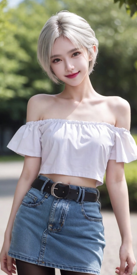 best quality, masterpiece, realistic,cowboy_shot,(Good structure), DSLR Quality,Depth of field,kind smile,looking_at_viewer,Dynamic pose, 
 1girl, 3d, bare_shoulders, belt, blurry, blurry_background, blurry_foreground, branch, , , , collarbone, *******_photo, denim, denim_skirt, depth_of_field, , lips, long_hair, looking_at_viewer, midriff, miniskirt, motion_blur, navel, outdoors, photo_\(medium\), realistic, skirt, solo, standing, tree, , , , blackpantyhose, , , , , , , ,  ,jiuhuangnv,white_hair,short_hair
