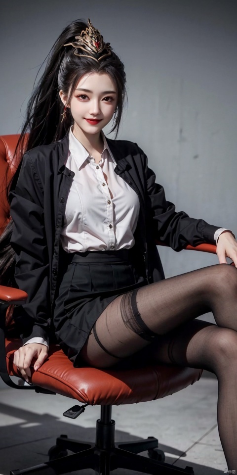  best quality, masterpiece, realistic,,(Good structure), DSLR Quality,Depth of field,kind smile,looking_at_viewer,Dynamic pose, 
1girl, solo, long hair, , looking at viewer, bangs, skirt, shirt, black hair, red eyes, long sleeves, , , sitting, , , jacket, full body, white shirt, pantyhose, sidelocks,miniskirt, black skirt, black footwear, bra, high heels, side ponytail, , black pantyhose, ,,, chair, formal,  , pencil skirt, , office lady, skirt suit, office chair
 , blackpantyhose, jiujiu