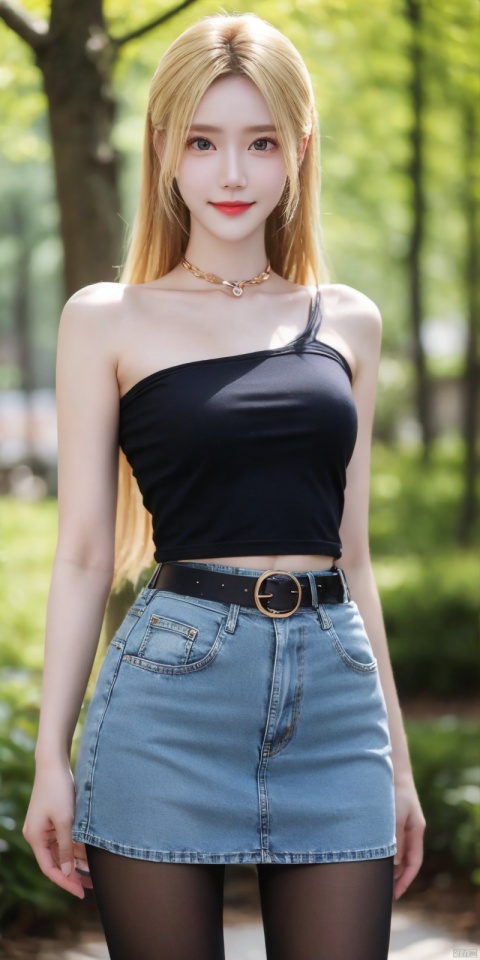  best quality, masterpiece, cowboy_shot,(Good structure), DSLR Quality,Depth of field,kind smile,looking_at_viewer,Dynamic pose,
 1girl, 3d, bare_shoulders, belt, blurry, blurry_background, blurry_foreground, branch, , , , collarbone, cosplay_photo, denim, denim_skirt, depth_of_field, , lips, long_hair, looking_at_viewer, midriff, miniskirt, motion_blur, navel, outdoors, photo_\(medium\), realistic, skirt, solo, standing, tree, , , , blackpantyhose, , ,  , qianrenxue,blond_hair