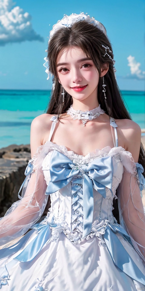  (Good structure), DSLR Quality,Depth of field,kind smile,looking_at_viewer,Dynamic pose, ,(wariza),,Girl, bare shoulders, , boobs, bow tie ,black eyes, collar, Blue sky, white clouds, beaches, seawater, crystal stones,((Lolita Dress: 1.4)) , blue and white Lolita dress, wrinkled leg outfit, hand-held, lips, nose, shoulders, , alone, long_hair, kind smile, looking at the audience, white leg costume, wrist cuffs, 1girl,,looking_at_viewer, , lolidress, qingyi