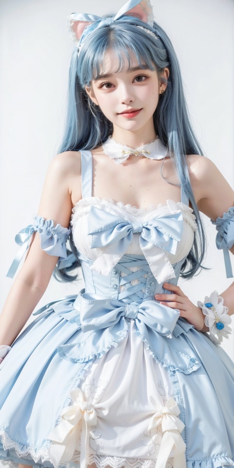  (Good structure), DSLR Quality,,,Girl, bare shoulders, blue hair, boobs, bow tie, brown eyes, cat ears, collar, ((Lolita Dress: 1.4)) , blue and white Lolita dress, wrinkled leg outfit, hand-held, lips, nose, shoulders, , alone, two-tailed, kind smile, looking at the audience, white leg costume, wrist cuffs, 1girl,,looking_at_viewer, lolidress, , lizhien