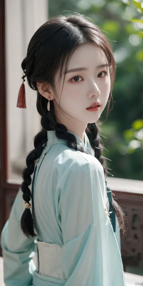 duling, 1girl, solo, black hair, realistic, jewelry, earrings, braid, long hair, hair ornament, looking at viewer, chinese clothes, upper body, black eyes, blurry, twin braids