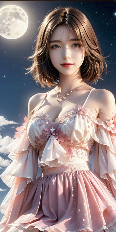  cowboy shot,(Good structure), DSLR Quality,Depth of field,kind smile,looking_at_viewer,Dynamic pose,,1girl, bare_shoulders, bug, butterfly, cleavage, cloud, crescent_moon, full_moon, hair_ornament, lips, long_hair, looking_at_viewer, medium_breasts, moon, moonlight, night, night_sky, red_lips, kneeling, sky, solo, star_\(sky\), starry_sky, sun,,,,, youna,short hair,brown hair, 1girl