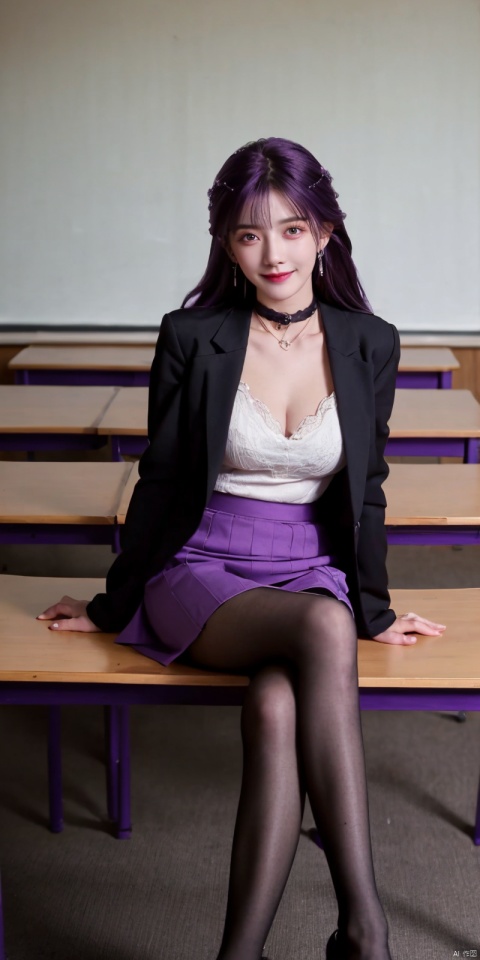  best quality, masterpiece, ,(Good structure), DSLR Quality,Depth of field,kind smile,looking_at_viewer,Dynamic pose,
 1girl, solo, long hair, breasts, looking at viewer, bangs, blue eyes, skirt, , shirt, long sleeves, cleavage, jewelry, sitting,  purple eyes, jacket, , purple hair, pantyhose, earrings, , choker, indoors, miniskirt, black skirt, black footwear, bra, mole, high heels, lips,   legs, chair, formal, suit, desk, pencil skirt, classroom, office lady, teacher, pointer, , yunxi, purple_hair ,blackpantyhose,purpleeyes,