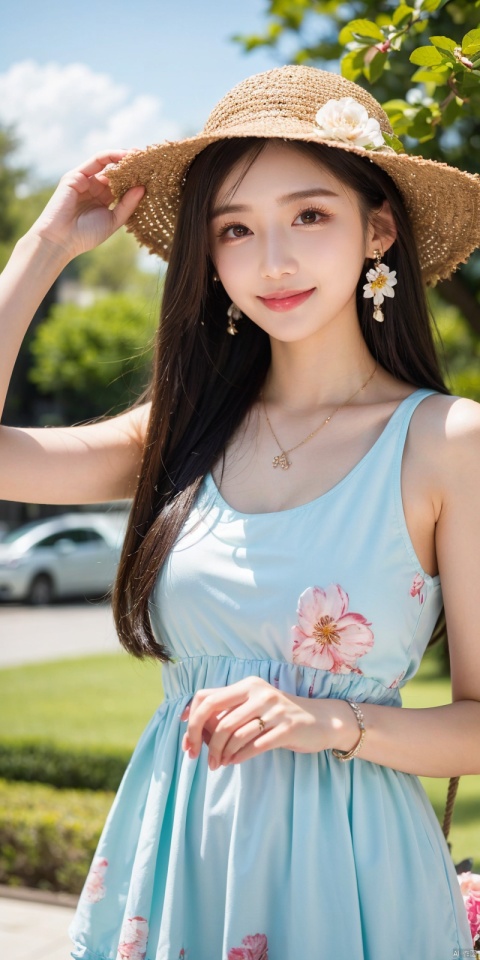  best quality, masterpiece, realistic, ,(Good structure), DSLR Quality,Depth of field,kind smile,looking_at_viewer,Dynamic pose, 
1girl, solo, long hair, , looking at viewer, , , bangs, brown hair, , dress, holding, , bare shoulders, brown eyes, jewelry, standing, collarbone, flower, earrings, outdoors, sky, sleeveless, day, cloud, hand up, necklace, blue sky,, petals, sleeveless dress, floral print, pink flower, green dress,, hand on headwear, basket, sundress, yellow dress, print dress, holding basket, , tifa