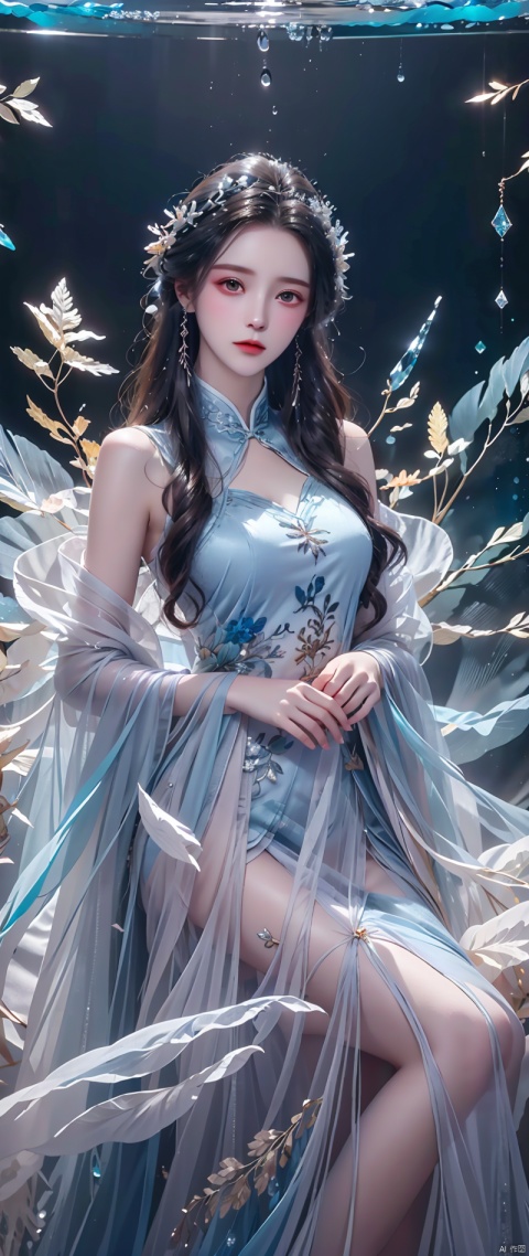  1girl,hanfu,full body,((water drops)),wet clothes,((beautiful detailed water)),((floating)),dynamic angle,(((crystals texture Hair))),((beautiful detailed glass hair)),((glass shaped texture hand)),((crystallize texture body)),gem body,hands as clear as jewels,crystallization of clothes,((crystals texture skin)),sparkle,lens flare,light leaks,broken glass,detailed glass shaped clothes,beautiful detailed gemstone sky,gemstone sea,crystals texture flowers,((detailed crystallized clothing)),beautiful detailed glow, (detailed ice), beautiful detailed water, ruhua, , ((poakl)), liushen