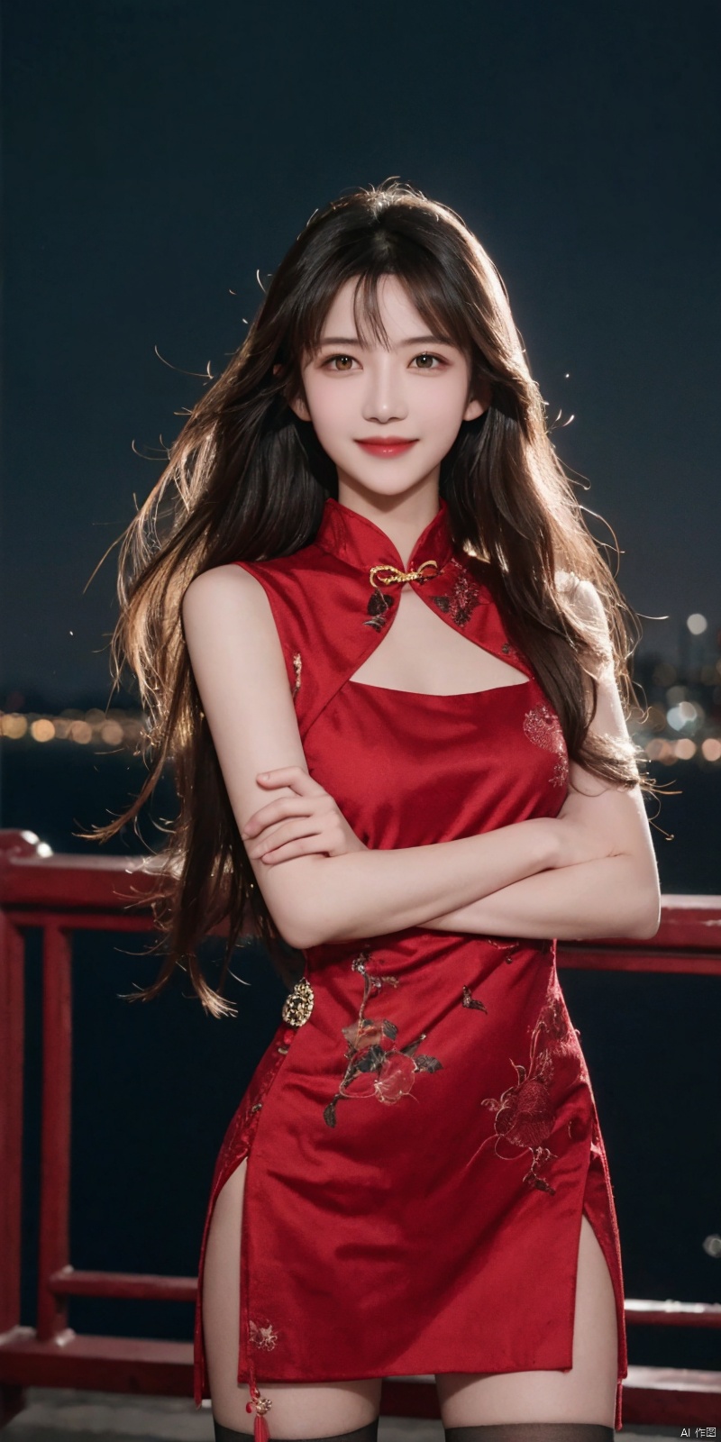  best quality, masterpiece, cowboy_shot,(Good structure), DSLR Quality,Depth of field,kind smile,looking_at_viewer,Dynamic pose, 
,,, (high definition: 1.0), (HD: 1.0), , (ultra resolution: 1.0), (4K: 1.0), (photorealistic: 1.0), (realistic: 1.0), , (professional photography: 1.0), (DSLR quality: 1.0), , (detailed: 1.0), (sharp focus: 1.0), , (masterpiece: 1.2), (epic shot: 1.2),
 Cinematic, , Natural lighting, , solo, 1girl,Wind, flowing hair, kind smile, , pose for picture, Dynamic pose, looking_at_viewer,
A young model in Chinese dress poses with her arms leisurely, in front of divine light with silhouette light illuminating the edges of the long curly hair, snowflake, outdoors,
Excellent skin texture, gaze deeply, cheerful atmosphere, in the style of eye-catching resin jewelry, matte photo, minimalist beauty, meticulous linework precision, The background is a bustling city,High resolution,8K, neo-chinese style, huayu, 1girl,police,thighhighs, , , , Detail, china dress, blackpantyhose, , dress, , , ,qingyi, sufei