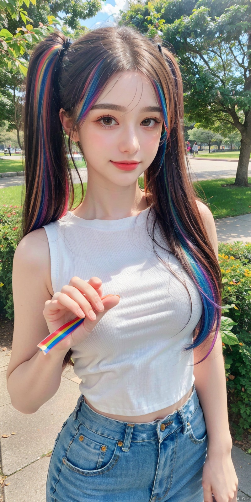  cowboy shot,(Good structure), DSLR Quality,Depth of field,kind smile,looking_at_viewer,Dynamic pose,、Butterfly Fairy、Metamorphosis、Bouquet of blue roses（The gesture of presenting a bouquet、Holding a bouquet of flowers in your hands）、Morning park、、、 (8K, Photorealistic, Raw photo, Best Quality: 1.4), Beautiful face, (Realistic face), Beautiful detailed eyes, (Realistic skin), Attractive, Intricate details,Golden ratio, 1 girl,Naughty smile, (rainbow hair:1.4),((Long twintails,Ribbon 1.4)),,(Blue Butterfly Hair Ornament 1.3),
,Dynamic Pose,Dynamic Angle,Intricate details, Hyper realistic、Face enhancement、、Autumn Park、the morning sun、、rainbows, , ((poakl)), tasha,Short top, sleeveless, short skirt

