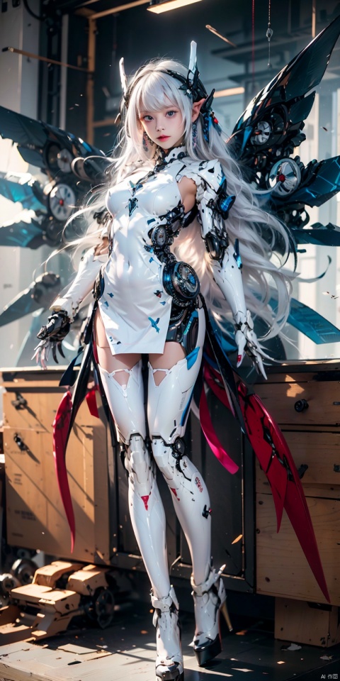  best quality,masterpiece,1girl,pink mecha body,cyborg,blue eyes,brown hair,depth of field,white hair,looking at viewer,1 girl with wings in mecha,Wings Follow Character Proportion,Outstanding,8K wallpaper,jixieji, 1girl, Dragon ear, tianqi, ((poakl)), Detail, white_hair,((Mechanical wings)),high heels,fly,