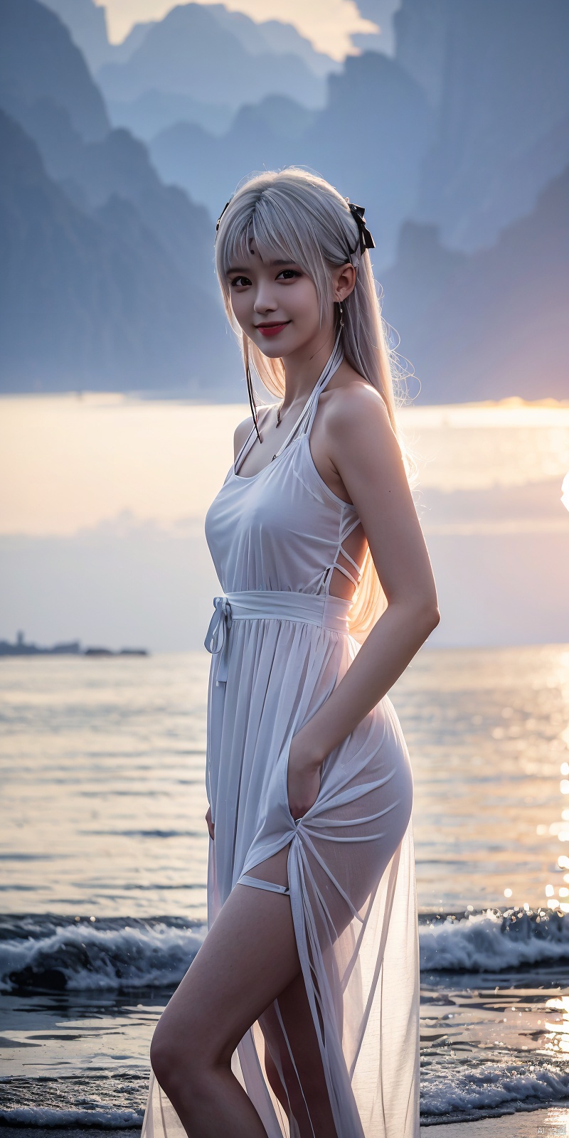  best quality, masterpiece, realistic, ,(Good structure), DSLR Quality,Depth of field,kind smile,looking_at_viewer,Dynamic pose, 
1girl, solo, looking at viewer, , ,, , bangs,  , dress, ribbon, bare shoulders,  , standing, collarbone,  outdoors, sky, sleeveless, cloud, signature, blunt bangs, water, white dress, bare arms, black ribbon, sleeveless dress, ocean, sunlight, wading, sunset, skirt hold, sun, horizon, sundress, see-through silhouette,  , xiaoyixian,(white hair)