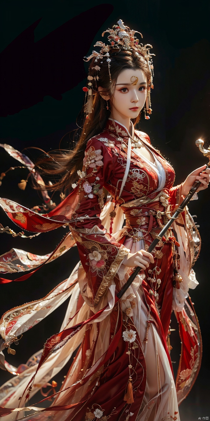  cowboy_shot,(Good structure), DSLR Quality,Depth of field,kind smile,looking_at_viewer,Dynamic po,masterpiece, official art, extremely detailed cg unity 8k wallpaper, highly detailed, absurdres, 8k resolution, 1girl, long hair, solo, black hair, dress, holding, fire, white dress, staff, barefoot, jewelry, dark skin, long dress, breasts, weapon, polearm, holding staff, bracelet, looking at viewer, dark-skinned female, standing, torn clothes, blood, spear, holding weapon, medium breasts, floating hair, closed mouth, embers, holding polearm , depth of field, panorama, cinematic lighting, ray tracing, ((poakl)), chineseclothes, hanikezi