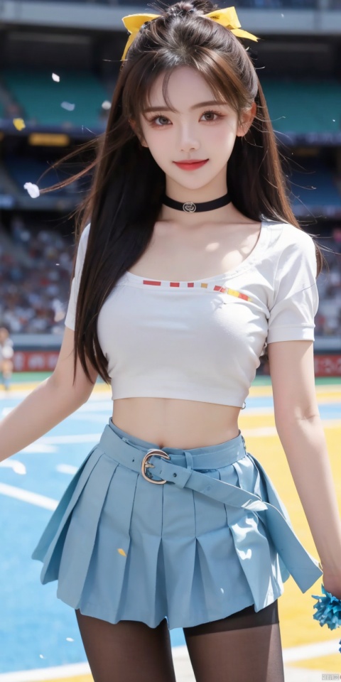  (Good structure), DSLR Quality,Depth of field,kind smile,looking_at_viewer,Dynamic pose, 
1girl, pom pom (cheerleading), stadium, breasts, cheerleader, holding pom poms, navel, skirt, brown hair, crop top, ahoge, confetti, cleavage, solo, , smile, looking at viewer, large breasts, DSLR, (Good structure), HDR, UHD, 8K, A real person,midriff, blurry, blurry background, choker, blush, brown eyes, open mouth, collarbone, outdoors, holding, pleated skirt, belt, short sleeves, shirt, bangs, shorts, miniskirt, shorts under skirt, blue shirt, long hair, white skirt, yellow belt, bike shorts under skirt, yangchaoyue, blackpantyhose