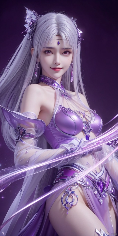  best quality, masterpiece, (Good structure),cowboy_shot, DSLR Quality,Depth of field ,looking_at_viewer,Dynamic pose, , kind smile,
1 girl,(Purple light effect),hair ornament,jewelry,looking at viewer, , dofas,(ultra-detailed crystallization),transparent crystals, , , , , ,, xiaoyixian,white hair