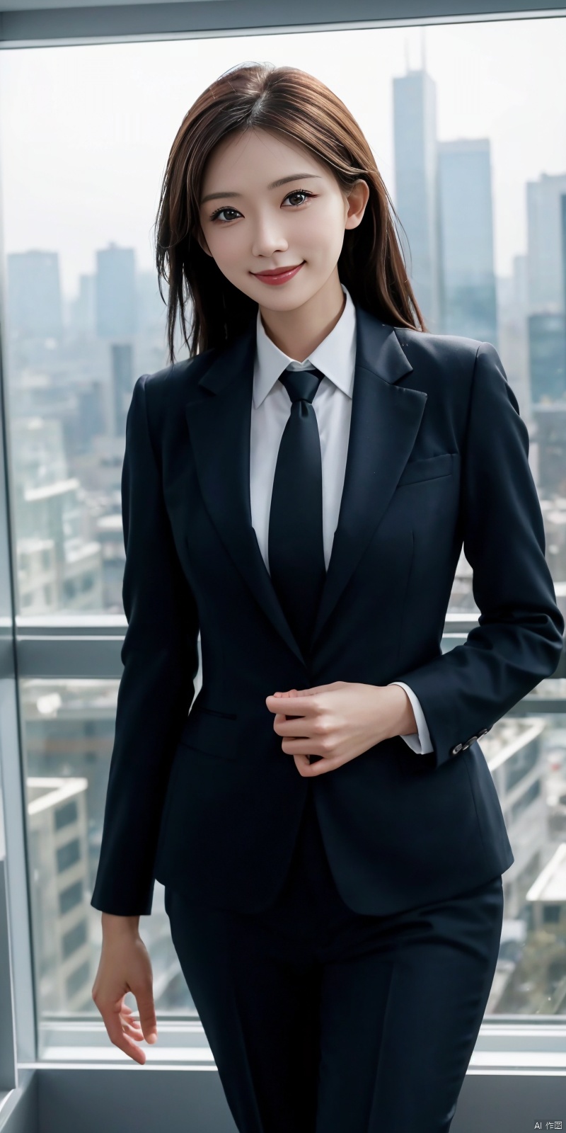  best quality, masterpiece, cowboy_shot,(Good structure), DSLR Quality,Depth of field,kind smile,looking_at_viewer,Dynamic pose, 
Modern businesswoman, dressed in a sleek suit and tie, posing confidently in a modern office setting, cityscape view through the window, focused expression, powerful pose, professional attire, realistic lighting, sharp focus.,linzhilin,