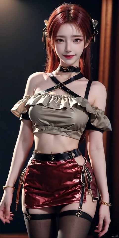  nai3, 1girl, solo, crop top, choker, miniskirt , navel, shirt, midriff, crop top overhang, looking at viewer, white shirt, jewelry, breasts, cowboy shot, bare shoulders, off-shoulder shirt, off shoulder, black choker, thighs, stomach, hand on own thigh, long hair, bracelet, short sleeves, ribbon, hand up, collarbone, hair ribbon, medium breasts, standing, , , bra strap, kind smile, hair ornament, thigh gap, bangs, necklace, expressionless,,kind smile , , blackpantyhose, , Dynamic pose,, yafei,red hair