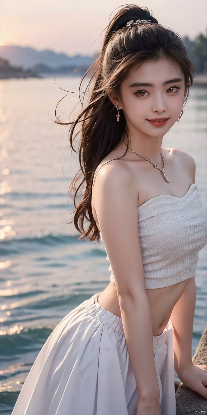  (Good structure),cowboy_shot, DSLR Quality,Depth of field ,looking_at_viewer,Dynamic pose, , kind smile,,
1girl, solo, long hair, , looking at viewer, skirt, hair ornament, bare shoulders, jewelry, , black hair, earrings, outdoors, midriff, water, necklace, lips, crop top, grey eyes, leaning forward, ocean, white skirt, strapless vest, sunset, sun, wangzuxian, molika