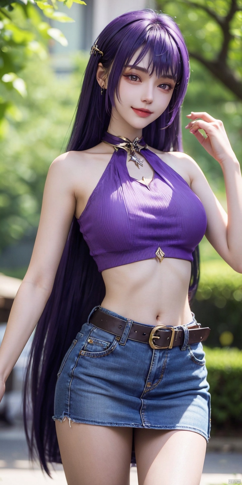  best quality, masterpiece, cowboy_shot,(Good structure), DSLR Quality,Depth of field,kind smile,looking_at_viewer,Dynamic pose,
 1girl, 3d, bare_shoulders, belt, blurry, blurry_background, blurry_foreground, branch, , , , collarbone, cosplay_photo, denim, denim_skirt, depth_of_field, , lips, long_hair, looking_at_viewer, midriff, miniskirt, motion_blur, navel, outdoors, photo_\(medium\), realistic, skirt, solo, standing, tree, ,,purple_hair, shengcaier