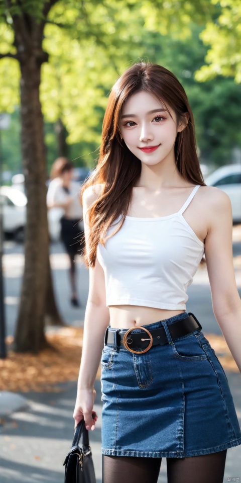 best quality, masterpiece, realistic,full_body,(Good structure), DSLR Quality,Depth of field,kind smile,looking_at_viewer,Dynamic pose, 
 1girl, 3d, bare_shoulders, belt, blurry, blurry_background, blurry_foreground, branch, , , , collarbone, *******_photo, denim, denim_skirt, depth_of_field, , lips, long_hair, looking_at_viewer, midriff, miniskirt, motion_blur, navel, outdoors, photo_\(medium\), realistic, skirt, solo, standing, tree, , , , blackpantyhose, , , , , , , ,  , zhennite,brown_hair