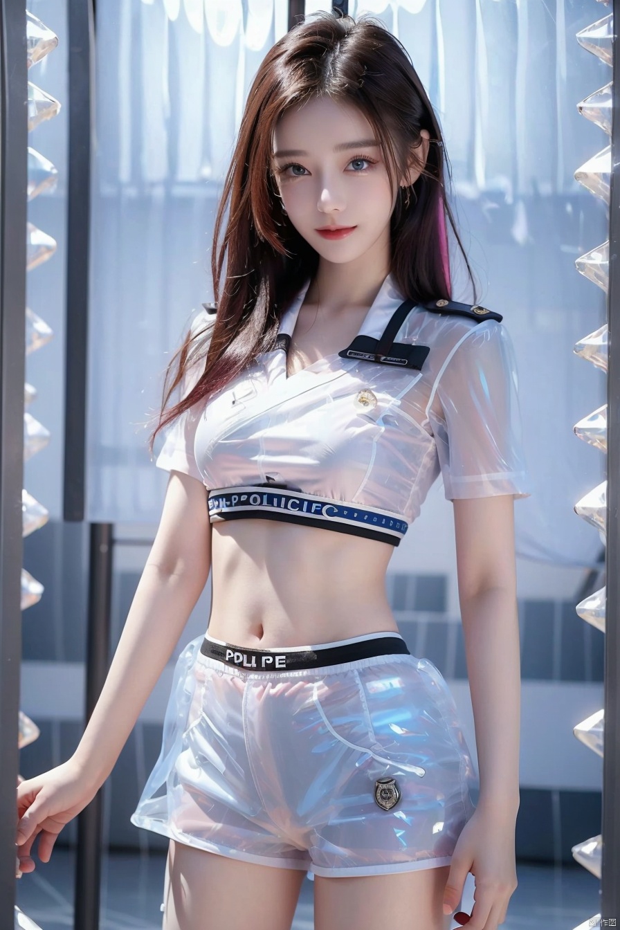  DSLR, (Good structure), ,High quality, masterpiece, 1Girl, Earstuds, blue eyes,Earstuds, blue eyes, black hair, (translucent white police uniform: 1.5), navel exposed, (translucent shorts: 1.3), thigh exposed, (supermodel pose),smile,(solo),（Different postures）,Pink hair,(Perfect hand lines),, 1 girl, ,, dililengba