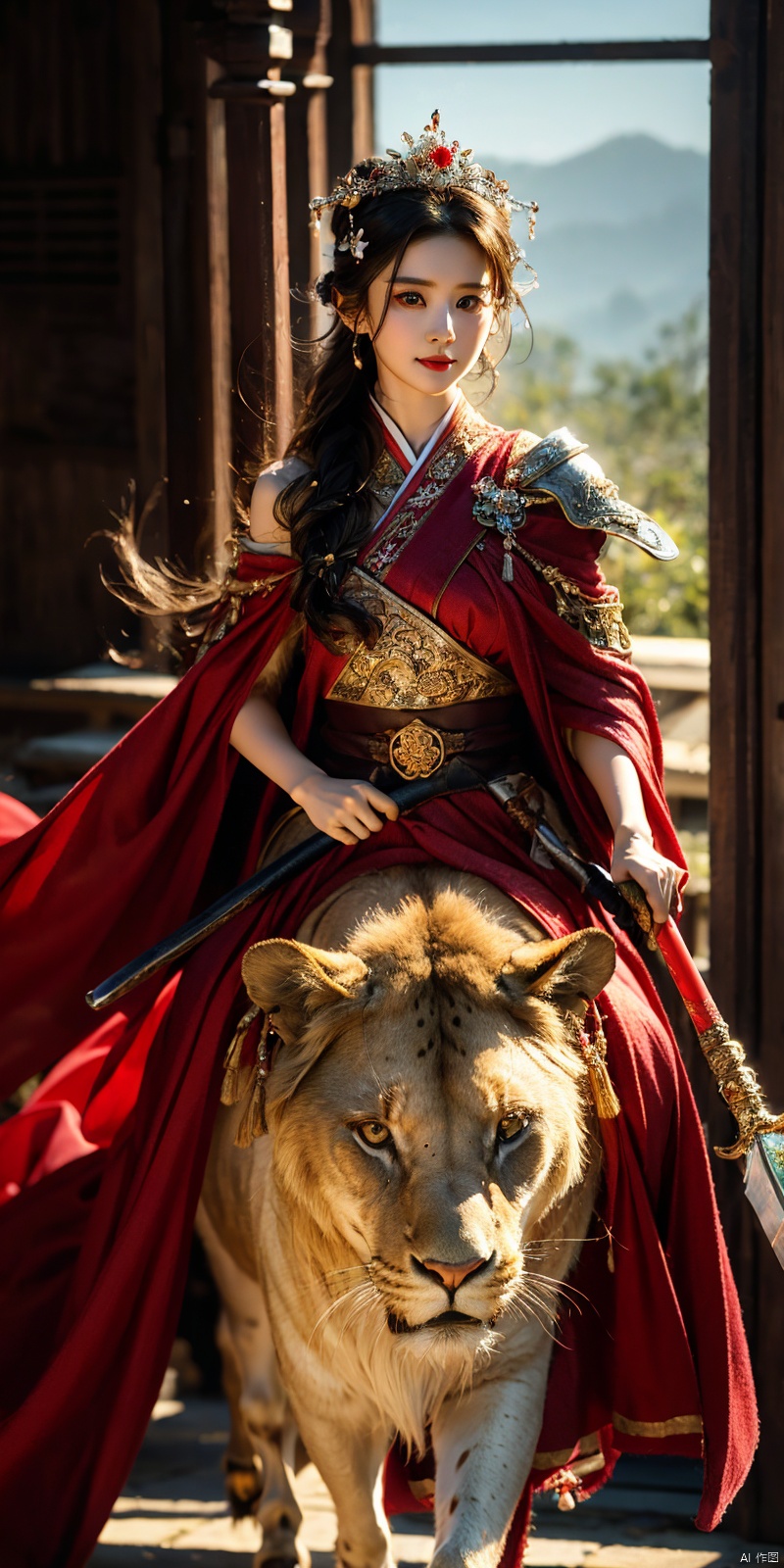  (Good structure), DSLR Quality,Depth of field,kind smile,looking_at_viewer,Dynamic pose, 1girl,Wearing a jade crown, shining silver armor, and wearing a lion headband. Treading towards the sky with cow tendon boots; Wearing a crimson cloak on her shoulders, carrying a three foot green blade on her waist, and carrying an iron tire bow on her back, coupled with her tall figure and resolute expression,Facing the camera, liuyifei, ((poakl))