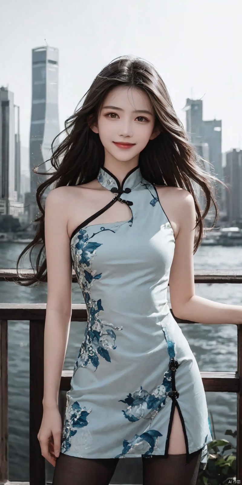  best quality, masterpiece, cowboy_shot,(Good structure), DSLR Quality,Depth of field,kind smile,looking_at_viewer,Dynamic pose, 
,,, (high definition: 1.0), (HD: 1.0), , (ultra resolution: 1.0), (4K: 1.0), (photorealistic: 1.0), (realistic: 1.0), , (professional photography: 1.0), (DSLR quality: 1.0), , (detailed: 1.0), (sharp focus: 1.0), , (masterpiece: 1.2), (epic shot: 1.2),
 Cinematic, , Natural lighting, , solo, 1girl,Wind, flowing hair, kind smile, , pose for picture, Dynamic pose, looking_at_viewer,
A young model in Chinese dress poses with her arms leisurely, in front of divine light with silhouette light illuminating the edges of the long curly hair, snowflake, outdoors,
Excellent skin texture, gaze deeply, cheerful atmosphere, in the style of eye-catching resin jewelry, matte photo, minimalist beauty, meticulous linework precision, The background is a bustling city,High resolution,8K, neo-chinese style, huayu, 1girl,police,thighhighs, , , , Detail, china dress, blackpantyhose, , dress, , , ,qingyi, sufei