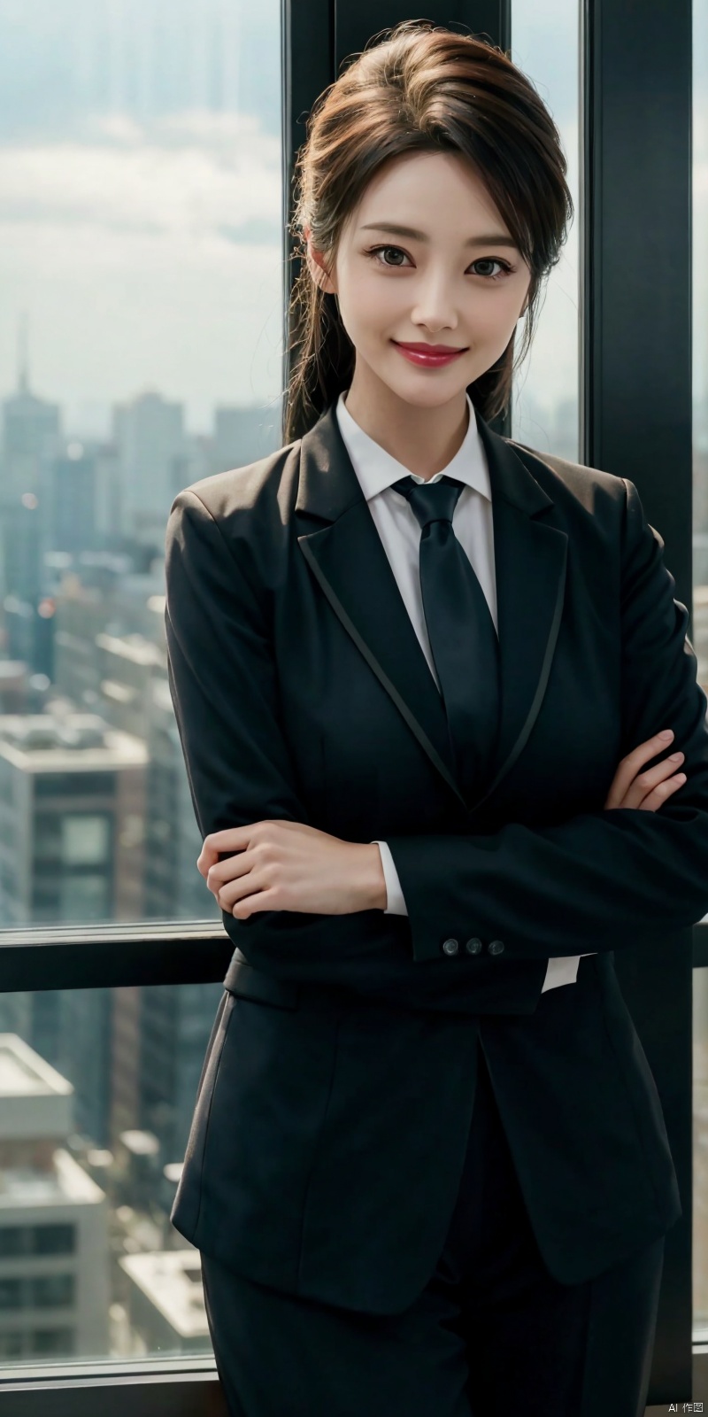  best quality, masterpiece, cowboy_shot,(Good structure), DSLR Quality,Depth of field,kind smile,looking_at_viewer,Dynamic pose, 
Modern businesswoman, dressed in a sleek suit and tie, posing confidently in a modern office setting, cityscape view through the window, focused expression, powerful pose, professional attire, realistic lighting, sharp focus.,lichun