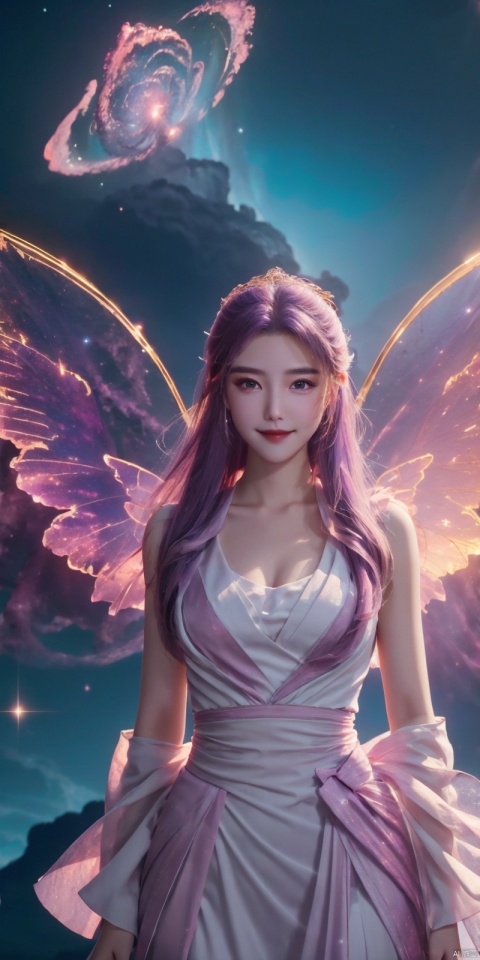  (Good structure), DSLR Quality,Depth of field,kind smile,looking_at_viewer,Dynamic pose, 1girl, wings, solo, nebula wings, , long hair, navel, dress, pink wings, looking at viewer, star \(sky\), , , bare shoulders, sky, starry sky, collarbone, realistic, nebula,,, , xuancaiqun, , yunxiao,purple_hair