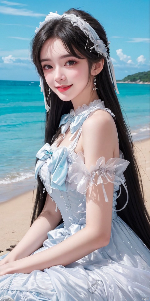  (Good structure), DSLR Quality,Depth of field,kind smile,looking_at_viewer,Dynamic pose, ,(wariza),,Girl, bare shoulders, , boobs, bow tie ,black eyes, collar, Blue sky, white clouds, beaches, seawater, crystal stones,((Lolita Dress: 1.4)) , blue and white Lolita dress, wrinkled leg outfit, hand-held, lips, nose, shoulders, , alone, long_hair, kind smile, looking at the audience, white leg costume, wrist cuffs, 1girl,,looking_at_viewer, , lolidress, qingyi,dress