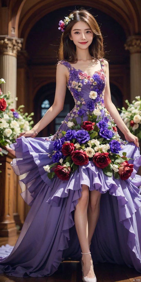 best quality, masterpiece, cowboy_shot,(Good structure), DSLR Quality,Depth of field,kind smile,looking_at_viewer,Dynamic pose, 

flower,purple rose,purple flower,hair flower,hair ornament,
, , weddingdress, , whitedress, ,, dress, yuanyuan,red dress