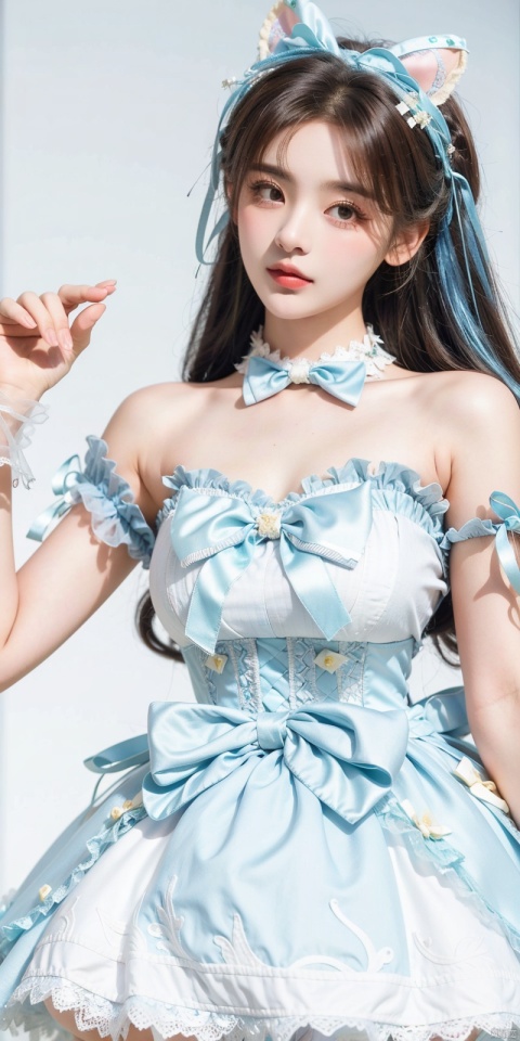  (Good structure), DSLR Quality,(wariza),,Girl, bare shoulders, blue hair, boobs, bow tie, brown eyes, cat ears, collar, ((Lolita Dress: 1.4)) , blue and white Lolita dress, wrinkled leg outfit, hand-held, lips, nose, shoulders, , alone, long_hair, kind smile, looking at the audience, white leg costume, wrist cuffs, 1girl,,looking_at_viewer, , lolidress, ,,   yangchaoyue