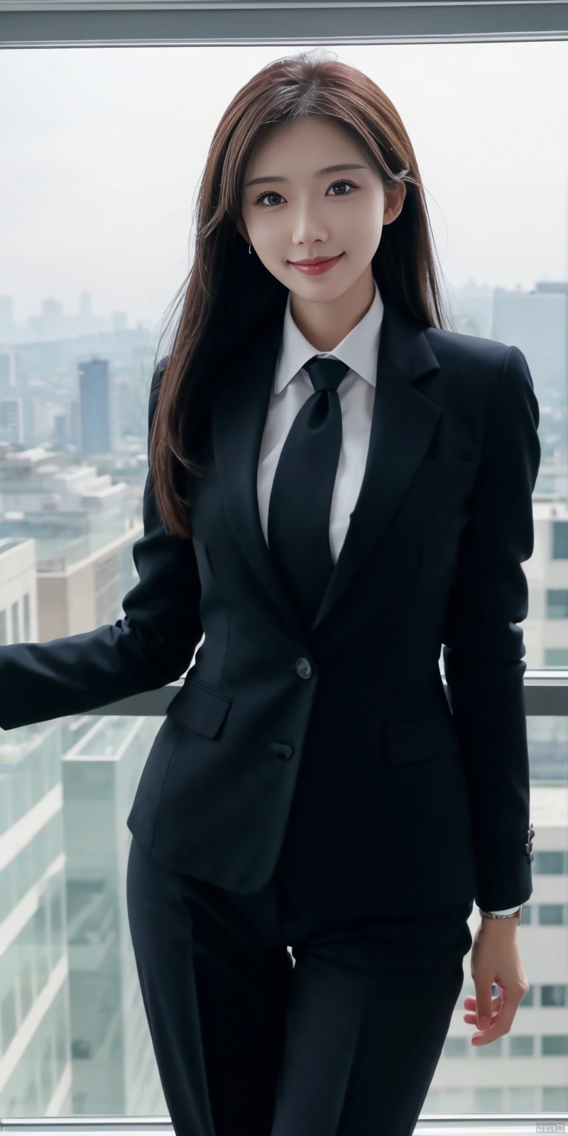  best quality, masterpiece, cowboy_shot,(Good structure), DSLR Quality,Depth of field,kind smile,looking_at_viewer,Dynamic pose, 
Modern businesswoman, dressed in a sleek suit and tie, posing confidently in a modern office setting, cityscape view through the window, focused expression, powerful pose, professional attire, realistic lighting, sharp focus.,linzhilin,