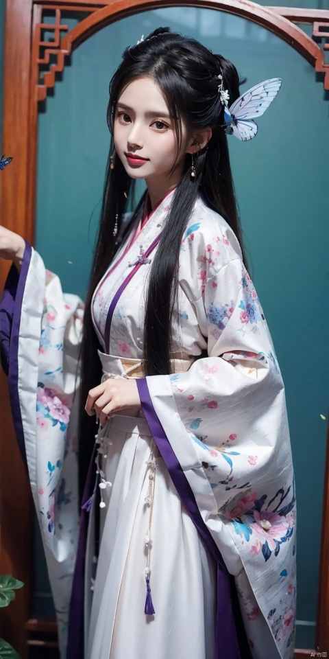  best quality, masterpiece, (cowboy_shot),(Good structure), DSLR Quality,Depth of field,kind smile,looking_at_viewer,Dynamic pose, line art,line style,as style,best quality,masterpiece, The image features a beautiful anime-style illustration of a young woman. She has long black hair and is dressed in a traditional Chinese outfit. The outfit consists of a white top with blue and purple accents, a long skirt, and a butterfly-shaped mirror in her hand. She stands against a backdrop of a clear blue sky and a body of water, with butterflies fluttering around her. AI painting pure tag structure: anime, art, illustration, traditional clothes, blue, white, long hair, black hair, butterfly, mirror, sky, water, , chineseclothes, , liruotong
