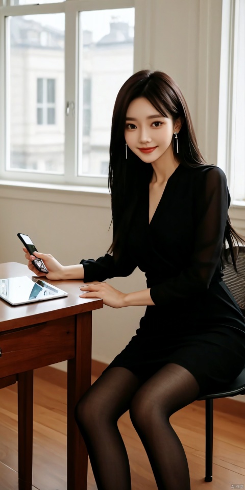  best quality, masterpiece, ,(Good structure), DSLR Quality,Depth of field,kind smile,looking_at_viewer,Dynamic pose,
 1girl, solo, long hair, black hair, dress, jewelry, sitting, pantyhose, earrings, indoors, black pantyhose, window, chair, phone, table, desk, realistic, , , sunyunzhu, blackpantyhose