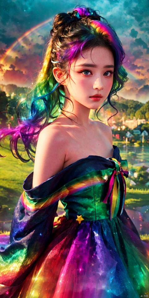  ((extremely detailed CG)),((8k_wallpaper)),(((masterpiece))),((best quality)),((beautiful detailed starry sky)),
cinmatic lighting,loli,princess
,very long rainbow hair,looking at viewer,
,frills,(far from viewer),((extremely detailed face)),((an extremely delicate and beautiful girl)),((extremely detailed  face)),
((extremely detailed eyes)),(((extremely detailed body))),(ultra detailed),illustration,((bare stomach)),((bare shoulder)),
small breast,((sideboob)),((((floating and rainbow hair)))),(((Iridescence and rainbow hair))),(((extremely detailed sailor dress))),((((Iridescence and rainbow dress)))),(Iridescence and rainbow eyes),beautiful detailed hair,
beautiful detailed dress,dramatic angle,expressionless,(big top sleeves),frills,blush,(ahoge), sky, liuyifei, ((poakl))