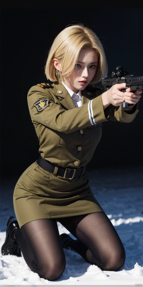  one blonde women wearing tight military uniforms,Kneeling on one knee, White military uniform, pencil_skirt,aiming action,holding an assault rifle in her hand, snow, highly detailed, ultra-high resolution, 32K ultra high definition, best quality, masterpiece, android 18, ,renzaoren