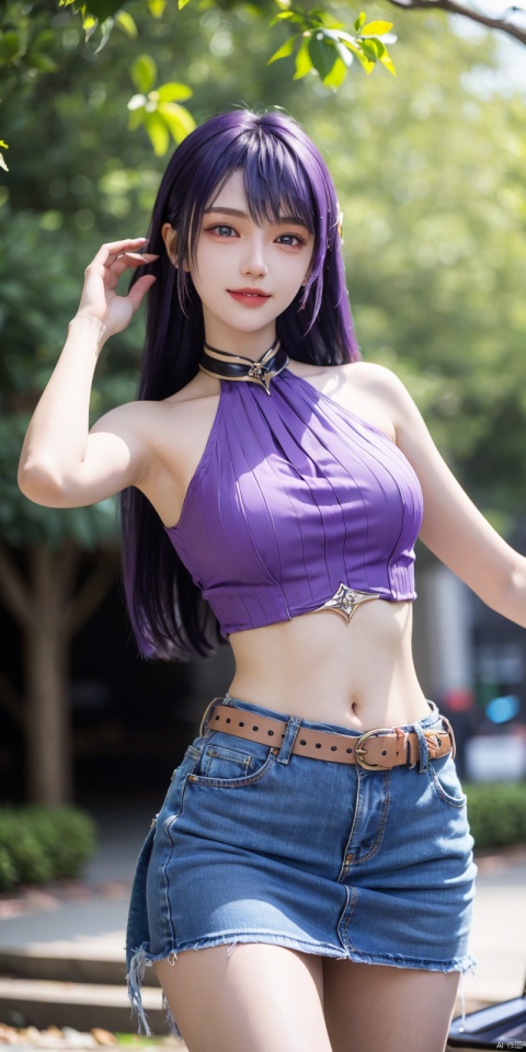  best quality, masterpiece, cowboy_shot,(Good structure), DSLR Quality,Depth of field,kind smile,looking_at_viewer,Dynamic pose,
 1girl, 3d, bare_shoulders, belt, blurry, blurry_background, blurry_foreground, branch, , , , collarbone, cosplay_photo, denim, denim_skirt, depth_of_field, , lips, long_hair, looking_at_viewer, midriff, miniskirt, motion_blur, navel, outdoors, photo_\(medium\), realistic, skirt, solo, standing, tree, ,,purple_hair, shengcaier