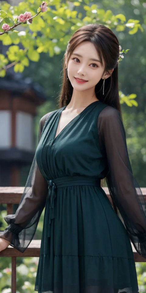  best quality, masterpiece, realistic,,(Good structure), DSLR Quality,Depth of field,kind smile,looking_at_viewer,Dynamic pose, 
1girl, solo, long hair, breasts, looking at viewer, bangs, brown hair, long sleeves, dress, holding, jewelry, green eyes, standing, flower, cowboy shot, earrings, black dress, head tilt, see-through, petals, floating hair, rose, feathers, blue flower, branch, , holding flower, blue rose, blue feathers, shibuya rin
, blackpantyhose,lichun