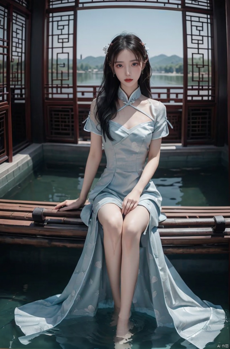  DSLR, (Good structure), HDR, UHD, 8K, A real person, Highly detailed, best quality, masterpiece, 1girl, realistic, Highly detailed, (EOS R8, 50mm, F1.2, 8K, RAW photo:1.2), ultra realistic 8k, (sunlight, beautiful sky, floating hair, Fisheye lens lens, dynamic angle, distant view, panorama ,overlook,barefoot), ((Ancient_Chinese_architecture)), (short sleeves),with a combination of Morgan colors, Qiu Ying's painting style, And high end color matching, ((A beautiful girl sitting on a bamboo raft in the water, swimming downstream, Huge lotus, rain, (full body), aqua_china_dress)), (bright light,fantasy), ((spotted light)),1 girl, ((black hair, shy, blush)), Detail, , jinchen, chinese dress