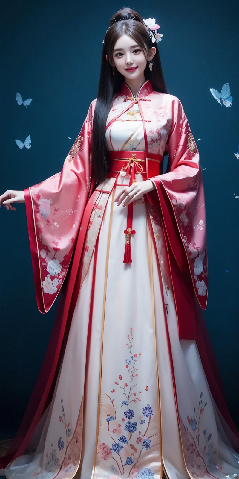 best quality, masterpiece, cowboy_shot,(Good structure), DSLR Quality,Depth of field,kind smile,looking_at_viewer,Dynamic pose, line art,line style,as style,best quality,masterpiece, The image features a beautiful anime-style illustration of a young woman. She has long black hair and is dressed in a traditional Chinese outfit. The outfit consists of a white top with blue and purple accents, a long skirt, and a butterfly-shaped mirror in her hand. She stands against a backdrop of a clear blue sky and a body of water, with butterflies fluttering around her. AI painting pure tag structure: anime, art, illustration, traditional clothes, blue, white, long hair, black hair, butterfly, mirror, sky, water,  , nazha, chineseclothes