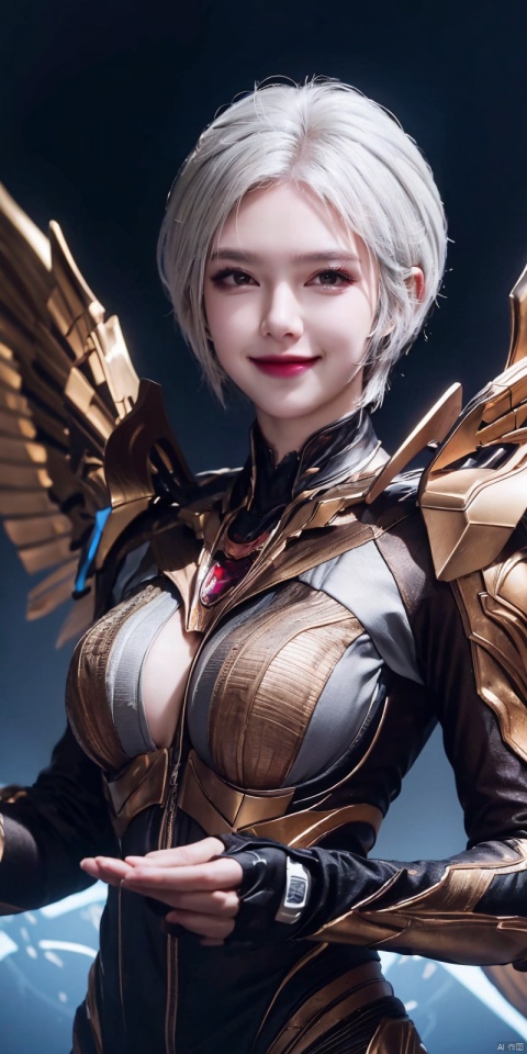  best quality, masterpiece, realistic,,(Good structure), DSLR Quality,Depth of field,kind smile,looking_at_viewer,Dynamic pose, 
 short hair,white_hair,
jiuhuangnv, 1girl, solo, looking down, breasts, medium breasts, open hands, mechanical wings, wings