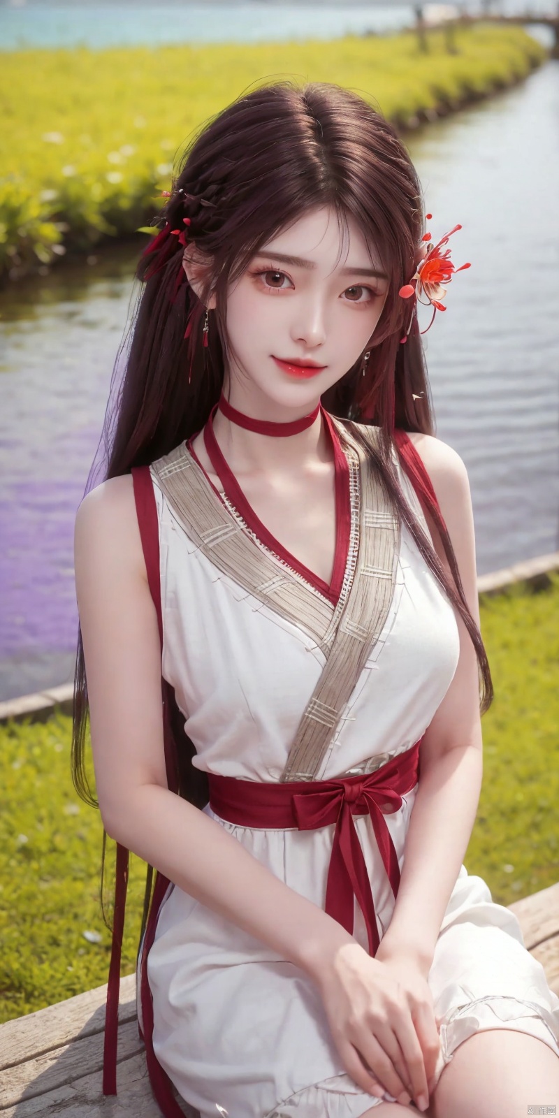 best quality, masterpiece, realistic,cowboy_shot,(Good structure), DSLR Quality,Depth of field,kind smile,looking_at_viewer,Dynamic pose, 
1girl, solo, long hair, breasts, looking at viewer, bangs,   hair ornament, dress, ribbon,  , bare shoulders, twintails, jewelry, medium breasts, sitting, very long hair, purple eyes, collarbone, hair ribbon, purple hair, flower, thighs, earrings, outdoors, parted lips, sleeveless, choker, hand up, hair flower, water,  white dress, bare arms, petals,  , sleeveless dress, black choker, short dress, frilled dress, white flower, purple ribbon, spaghetti strap,
 ,huolinger