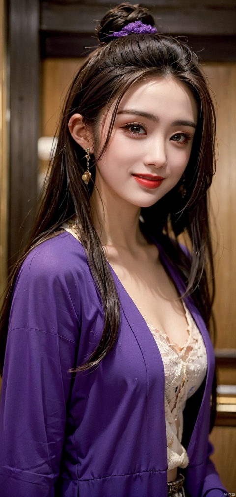  best quality, masterpiece,cowboy shot,(Good structure), DSLR Quality,Depth of field,kind smile,looking_at_viewer,Dynamic pose,,
zhangmin, 1girl, realistic, solo, earrings, purple hair, jewelry, long hair, purple eyes