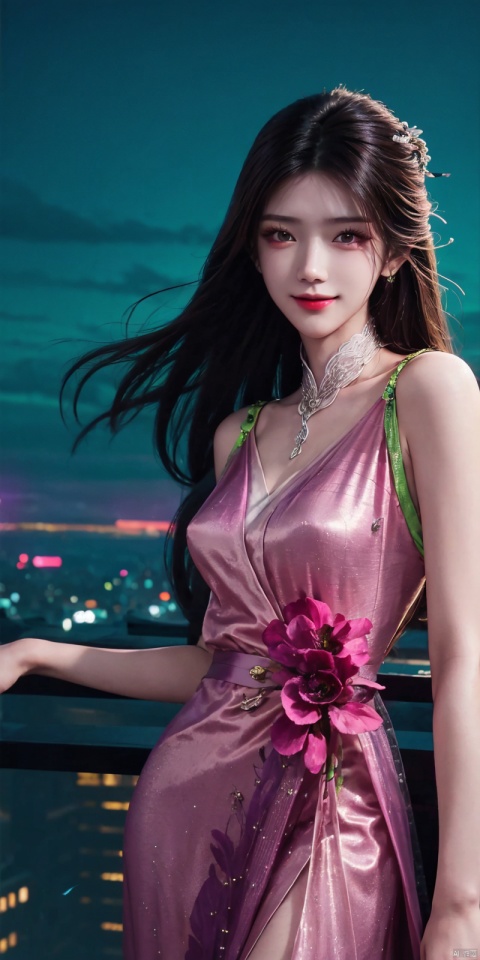  best quality, masterpiece, realistic,cowboy_shot,(Good structure), DSLR Quality,Depth of field,kind smile,looking_at_viewer,Dynamic pose, 
neonpunk style Neon noir leogirl,hANMEIMEI,realistic photography,,On the rooftop of a towering skyscraper,a girl stands,facing the camera directly. Behind her,a multitude of skyscrapers stretches into the distance,creating a breathtaking urban panorama. It's the perfect dusk moment,with the evening sun casting a warm glow on the girl's face,intensifying the scene's impact. The photo captures a sense of awe,with the sharpness and realism making every detail vivid and clear,Hair fluttered in the wind,long hair,halterneck, . cyberpunk, vaporwave, neon, vibes, vibrant, stunningly beautiful, crisp, detailed, sleek, ultramodern, magenta highlights, dark purple shadows, high contrast, cinematic, ultra detailed, intricate, professional, , , , , , dress, blue dress, ,  ,jinpinger