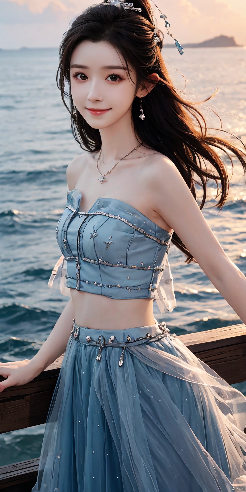  best quality, masterpiece, realistic,cowboy_shot,(Good structure), DSLR Quality,Depth of field,kind smile,looking_at_viewer,Dynamic pose, 
1girl, solo, long hair, , looking at viewer, skirt, hair ornament, bare shoulders, jewelry, , black hair, earrings, outdoors, midriff, water, necklace, lips, crop top, grey eyes, leaning forward, ocean, white skirt, strapless vest, sunset, sun, ,  , dress,blue dress, , hanikezi