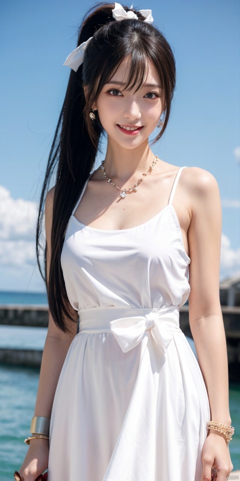  best quality, masterpiece, realistic, ,(Good structure), DSLR Quality,Depth of field,kind smile,looking_at_viewer,Dynamic pose, 
1girl, solo, long hair, breasts, looking at viewer, blush, , bangs, blue eyes,, dress, bow, , bare shoulders, jewelry, very long hair, collarbone, ponytail, white hair, hair bow, thighs, outdoors, sky, sleeveless, day, cloud, water, necklace, white dress, hair over one eye, bracelet, blue sky, blue bow, wading, pendant, doll, skirt hold, rainbow, anastasia \(fate\), ,  , linghua